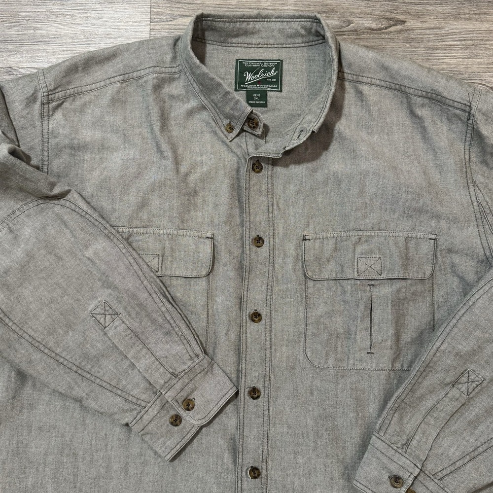 Woolrich Men's 2XL Olive Gray Button Down Shirt Heavy Cotton Long Sleeve Outdoor